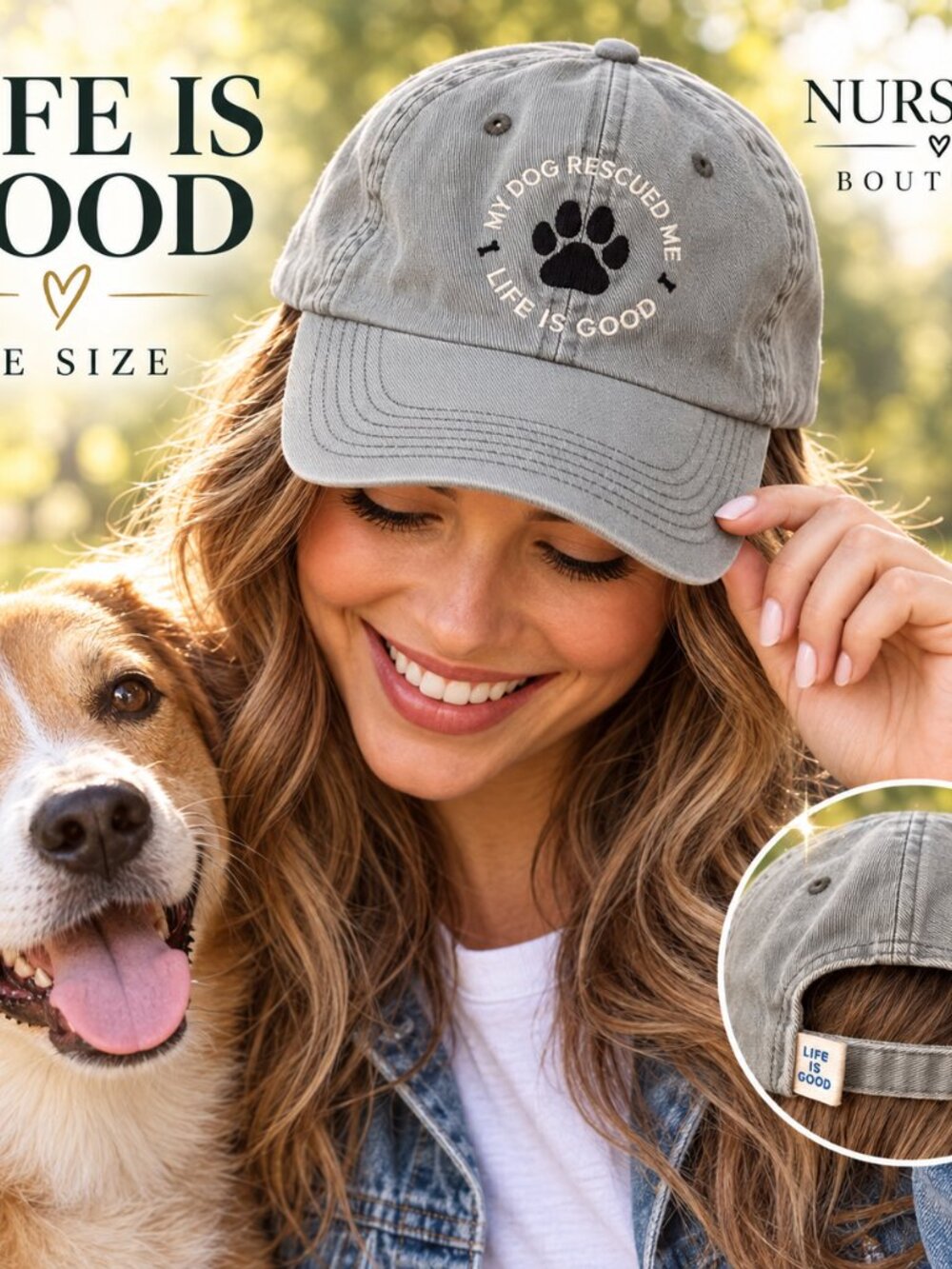 Life is Good My Dog Rescued Me Paw Print Gray Adjustable Hat